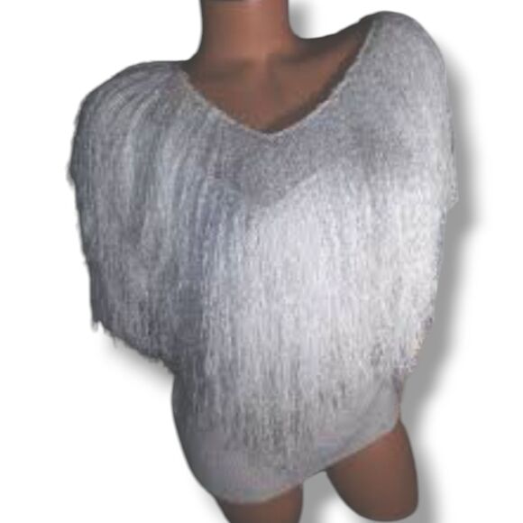 Vintage French Rags White Fringe Knit Sweater-Size 2-Hand Loomed-V Neck-Party - Picture 1 of 8